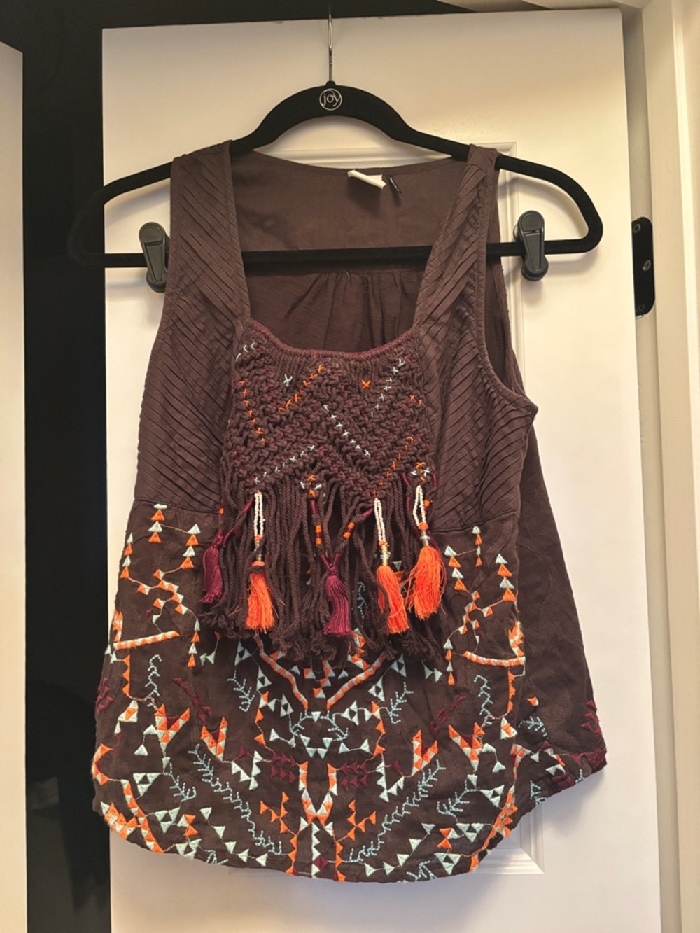 Anthropologie Akemi + Kin Brown Embroidered Tassel Tank Top